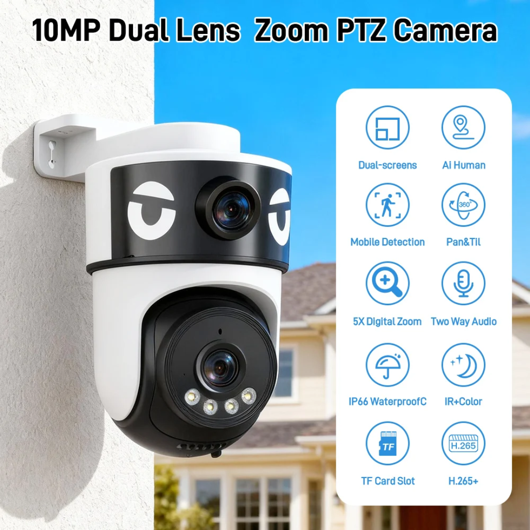 Caméra de Surveillance WiFi PTZ 10MP 4K – Double Objectif, Vision Nocturne & Contrôle à Distance